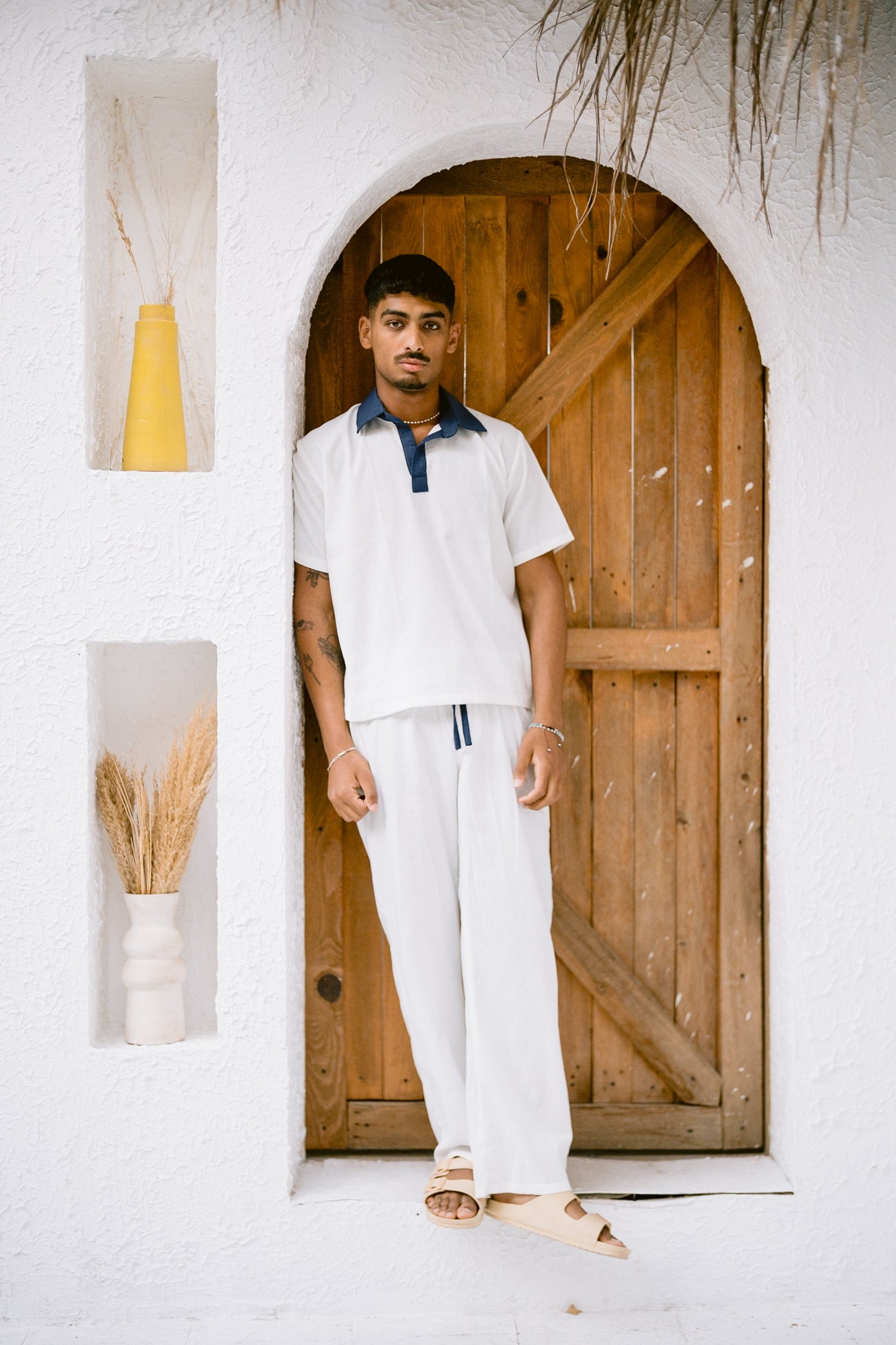 White-navy linen polo