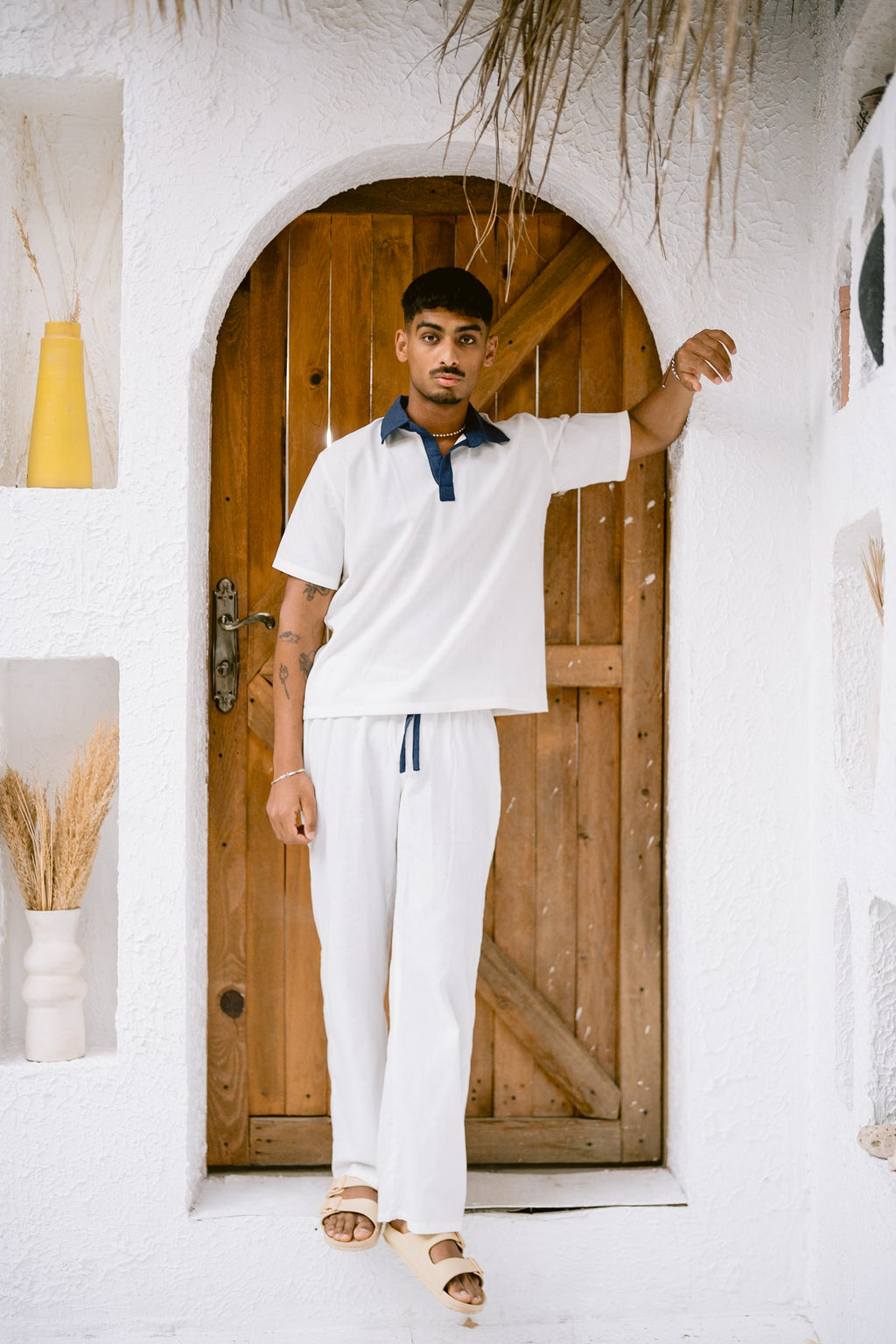White-navy linen polo