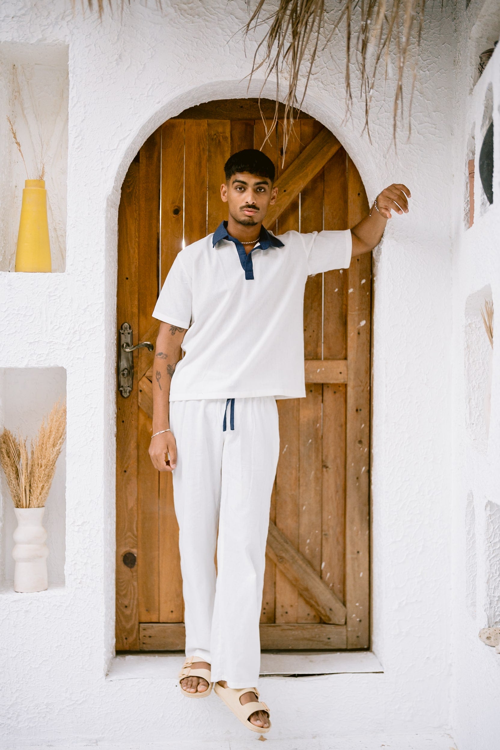 White-navy linen polo
