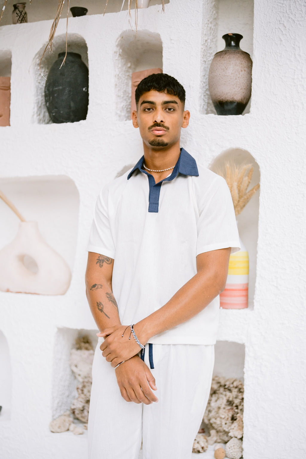 White-navy linen polo