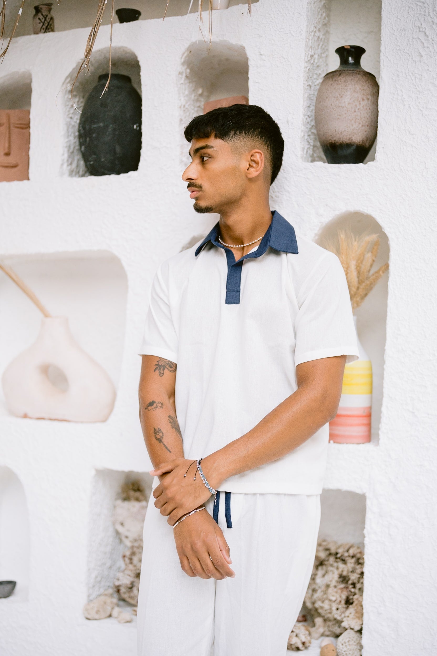 White-navy linen polo